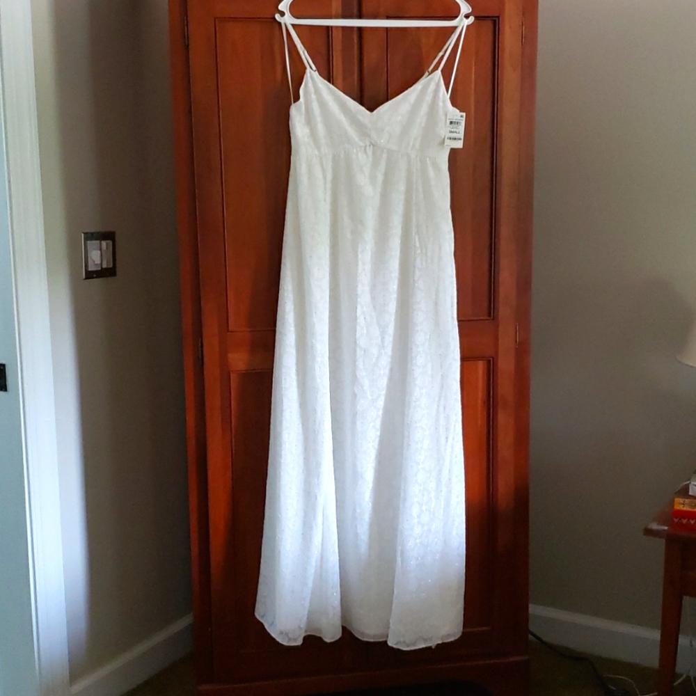 White with metallic texture maxi dress, size Small